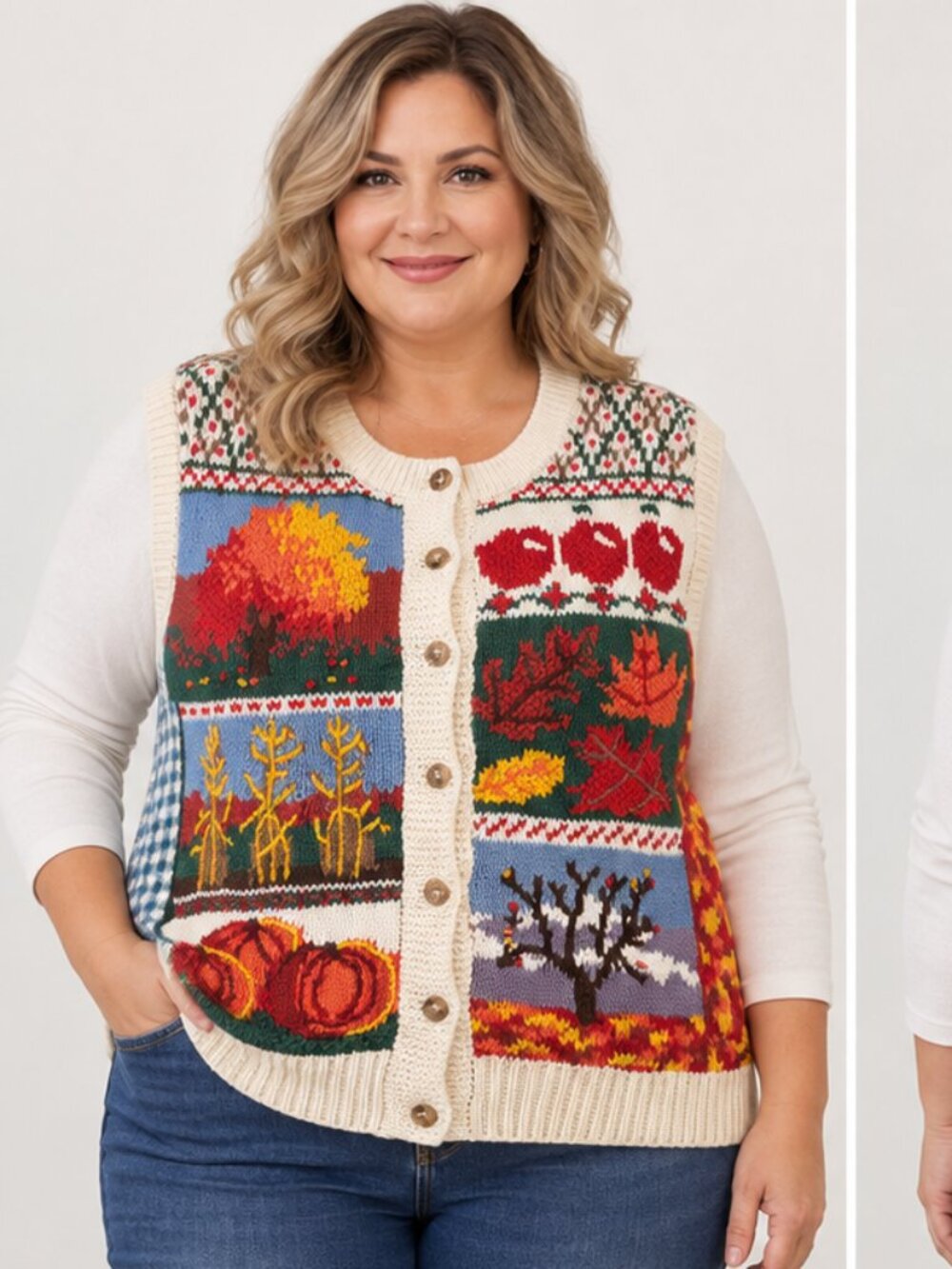 Vintage Orvis Fall Harvest Patchwork Sweater Vest XL Pumpkin Apples